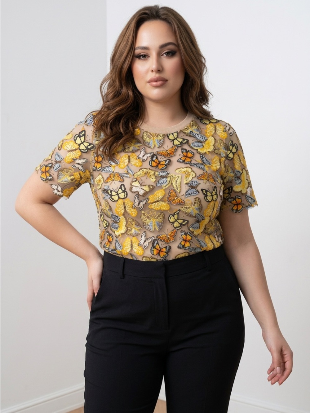 Anthropologie Sheer Butterfly Embroidered Tee in Yellow and Orange